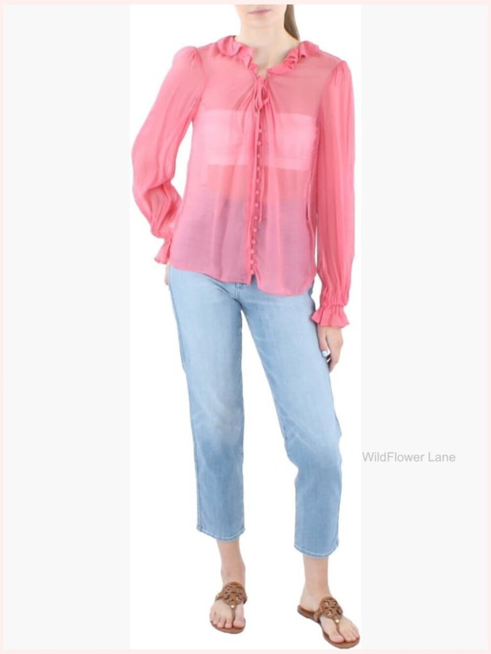 Button Down Tie Blouse Long Sleeve Ruffle Cuff